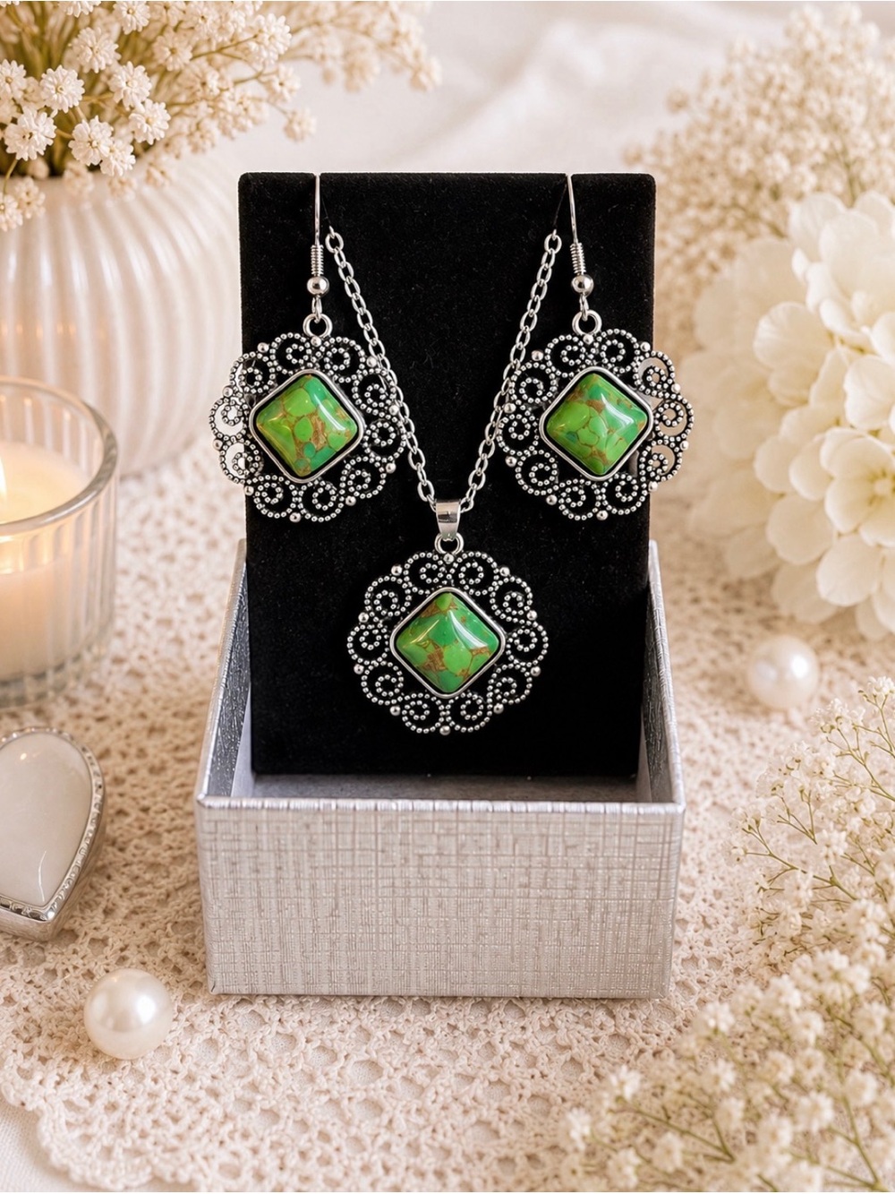 Silver-Tone Green Stone Filigree Pendant Necklace & Earrings Set-NWOT